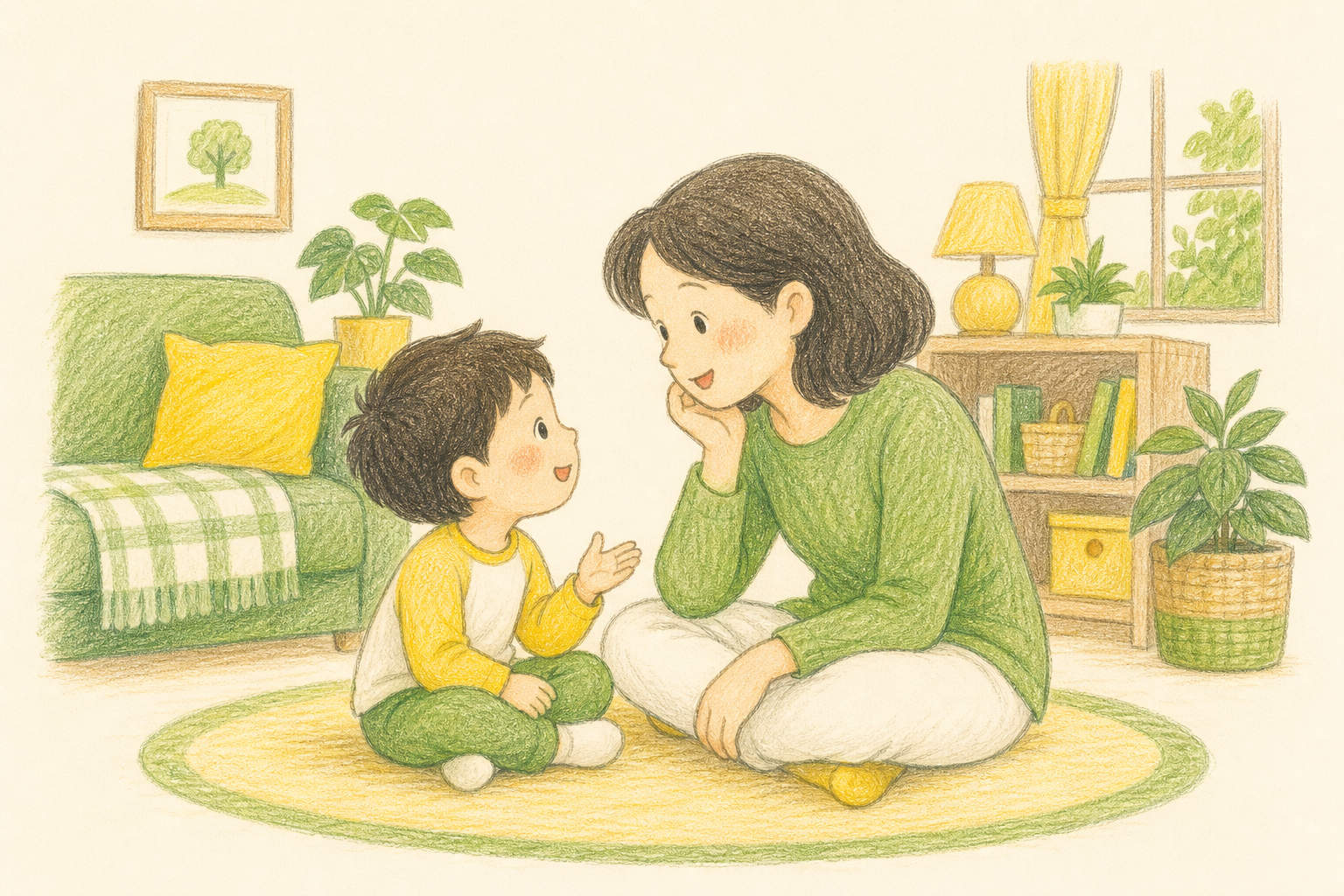 家长与孩子温馨对话的 Storybook 风格插画