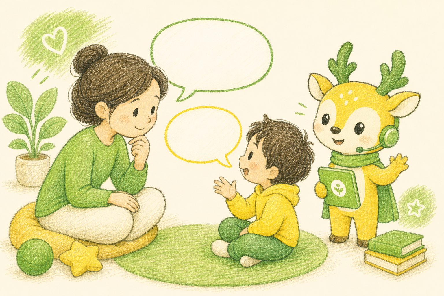 鹿鸣知音产品插画：家长、孩子与 AI 助手对话