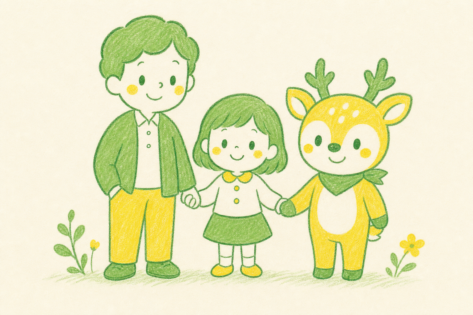 家长、孩子与鹿鸣青苹小鹿 mascot 的 Storybook 风格插画